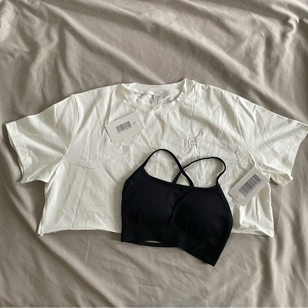 White T-Shirt and Black Sports Bra Set